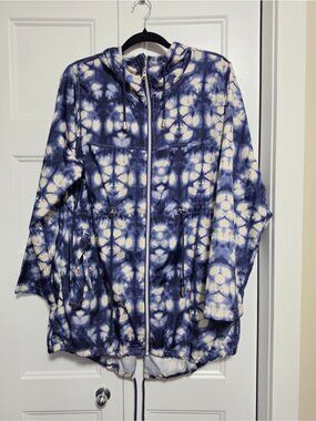 Parka In A Pocket Tie-Dye Navy White Hooded Anorak Full Zipper Jacket Large